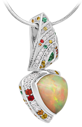 Подвес с опалом, бриллиантами, сапфирами и изумрудами, белое золото 2