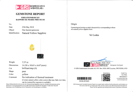 Жёлтый сапфир, SRI LANKA, UNHEATED, Груша, 7,57ct 3