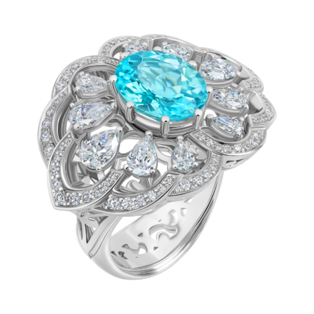 Кольцо с турмалином параиба, бриллиантами и жемчугом, белое золото 2