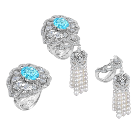 Кольцо с турмалином параиба, бриллиантами и жемчугом, белое золото 3