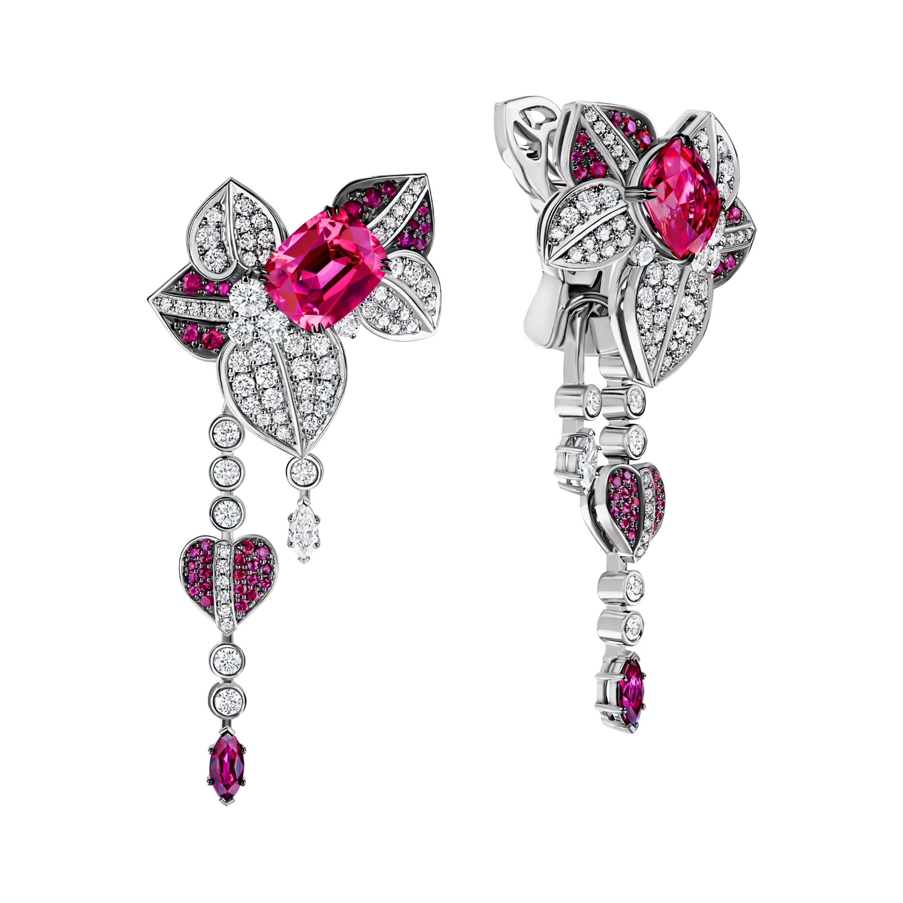 Earrings with spinel, rubies and diamonds, white gold