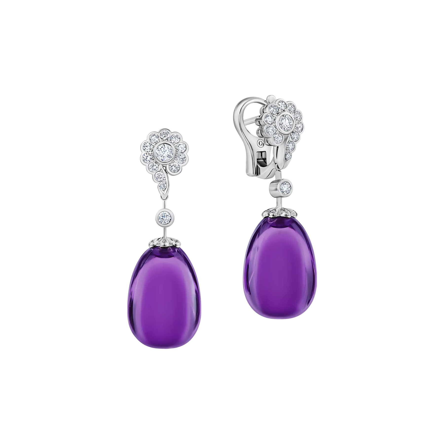 Earrings with amethysts and diamonds, white gold