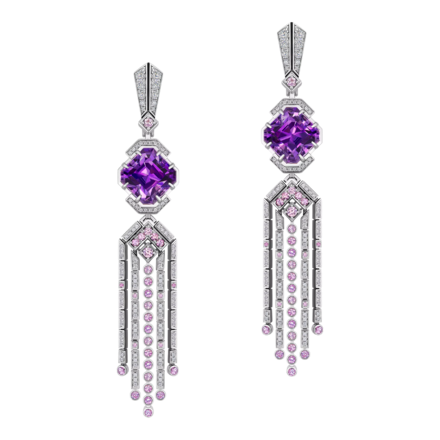 Серьги с аметистами, бриллиантами и розовыми сапфирами, белое золото 2