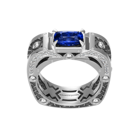 Кольцо с сапфиром и бриллиантами, белое золото 2