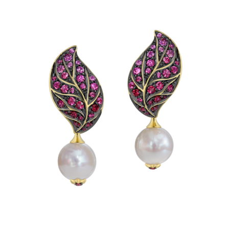 Серьги с жемчугом, рубинами и розовыми сапфирами, желтое золото 2