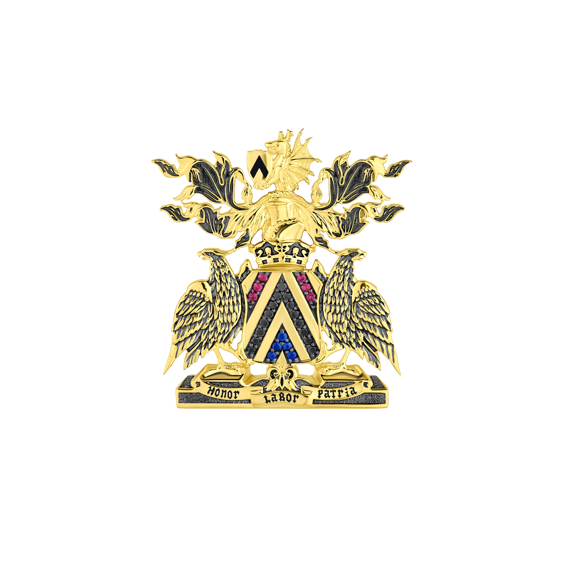 Нагрудный знак с черными бриллиантами, рубинами и сапфирами, желтое золото, н. керамика