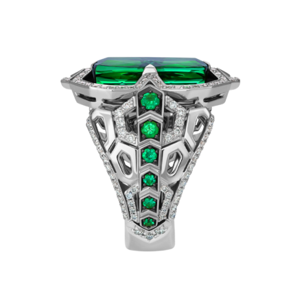 Кольцо с турмалином верделит, бриллиантами и изумрудами, белое золото 4