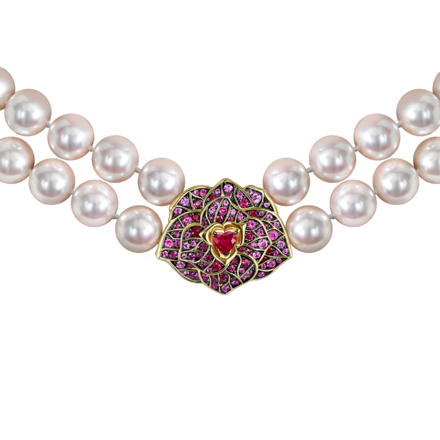 Колье с рубинами, розовыми сапфирами и жемчугом, желтое золото, нанокерамика 2