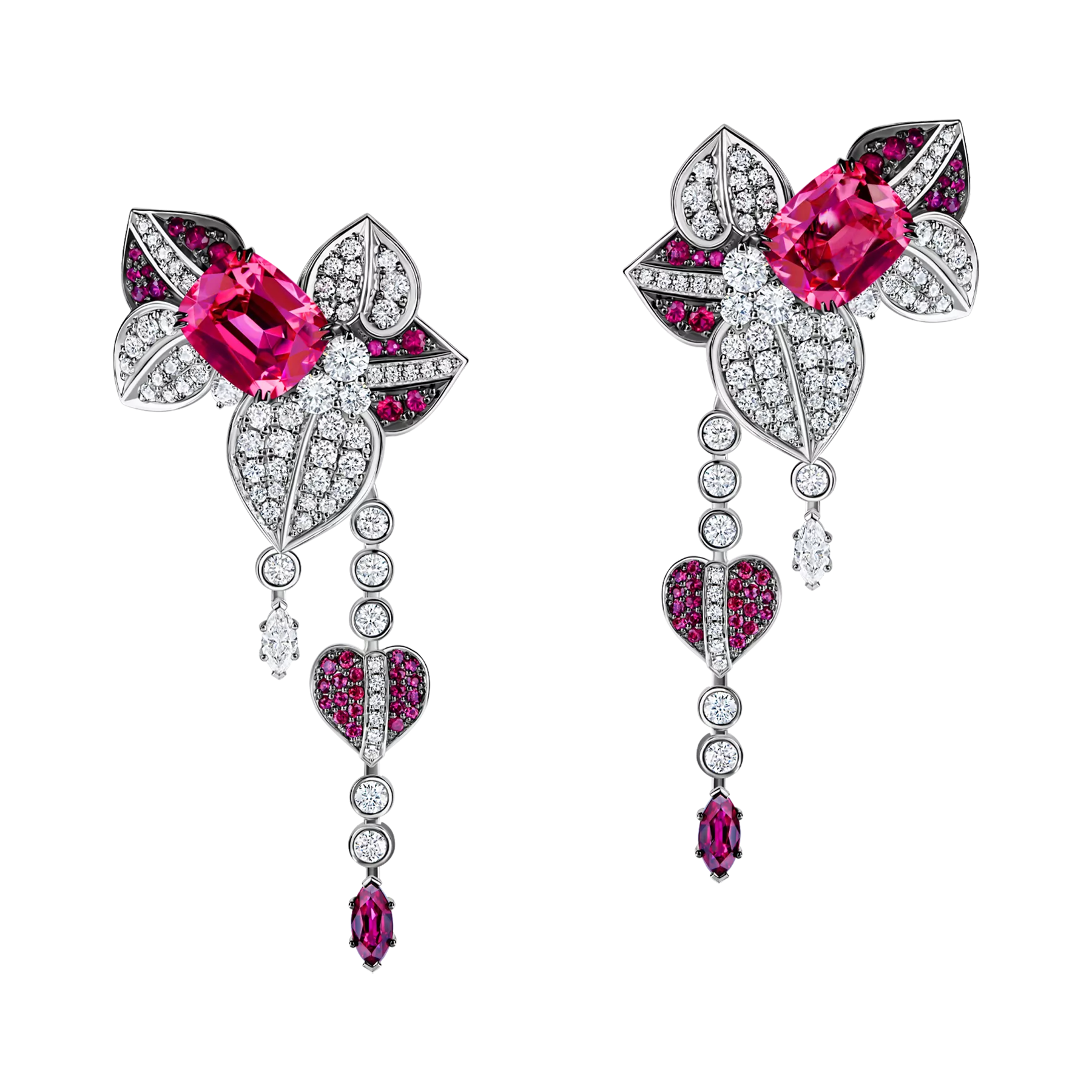 Earrings with spinel, rubies and diamonds, white gold