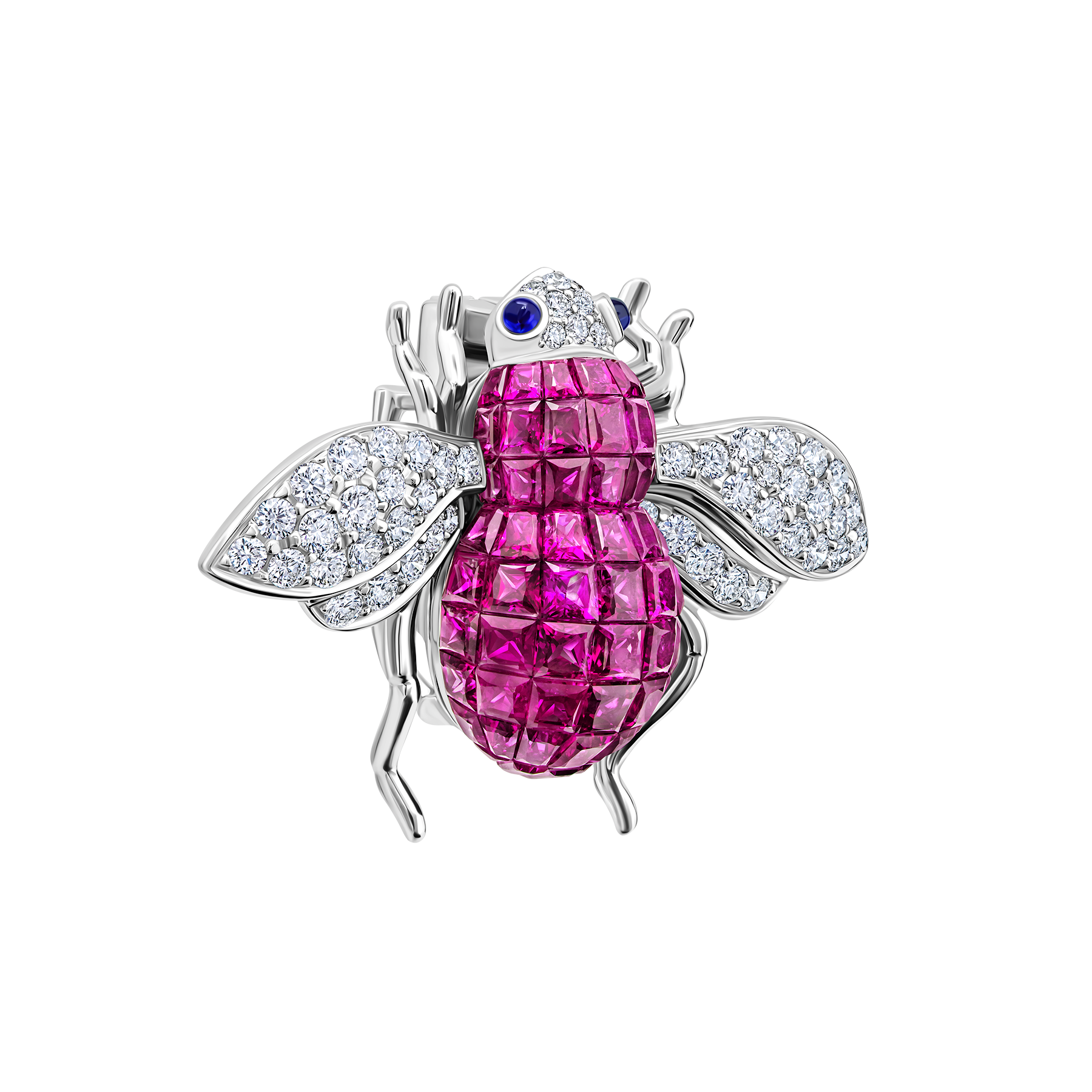 Brooch with rubies, sapphires, and diamonds, white gold.