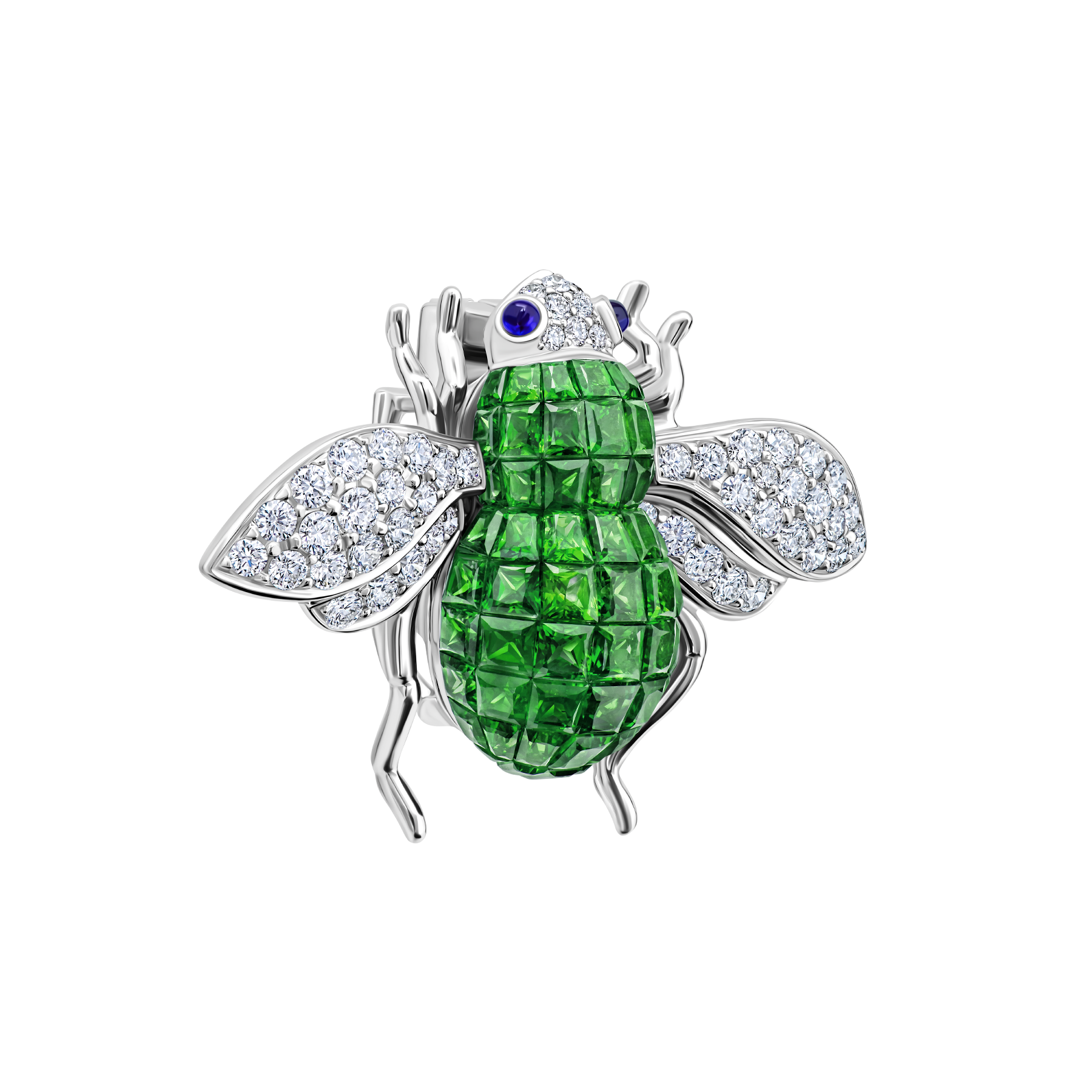 Brooch with tsavorites, sapphires, and diamonds, white gold.
