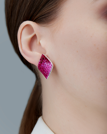 Серьги с рубинами, розовыми сапфирами и бриллиантами, белое золото 2