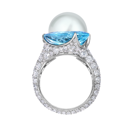 Кольцо с аквамарином, жемчугом и бриллиантами, белое золото 3