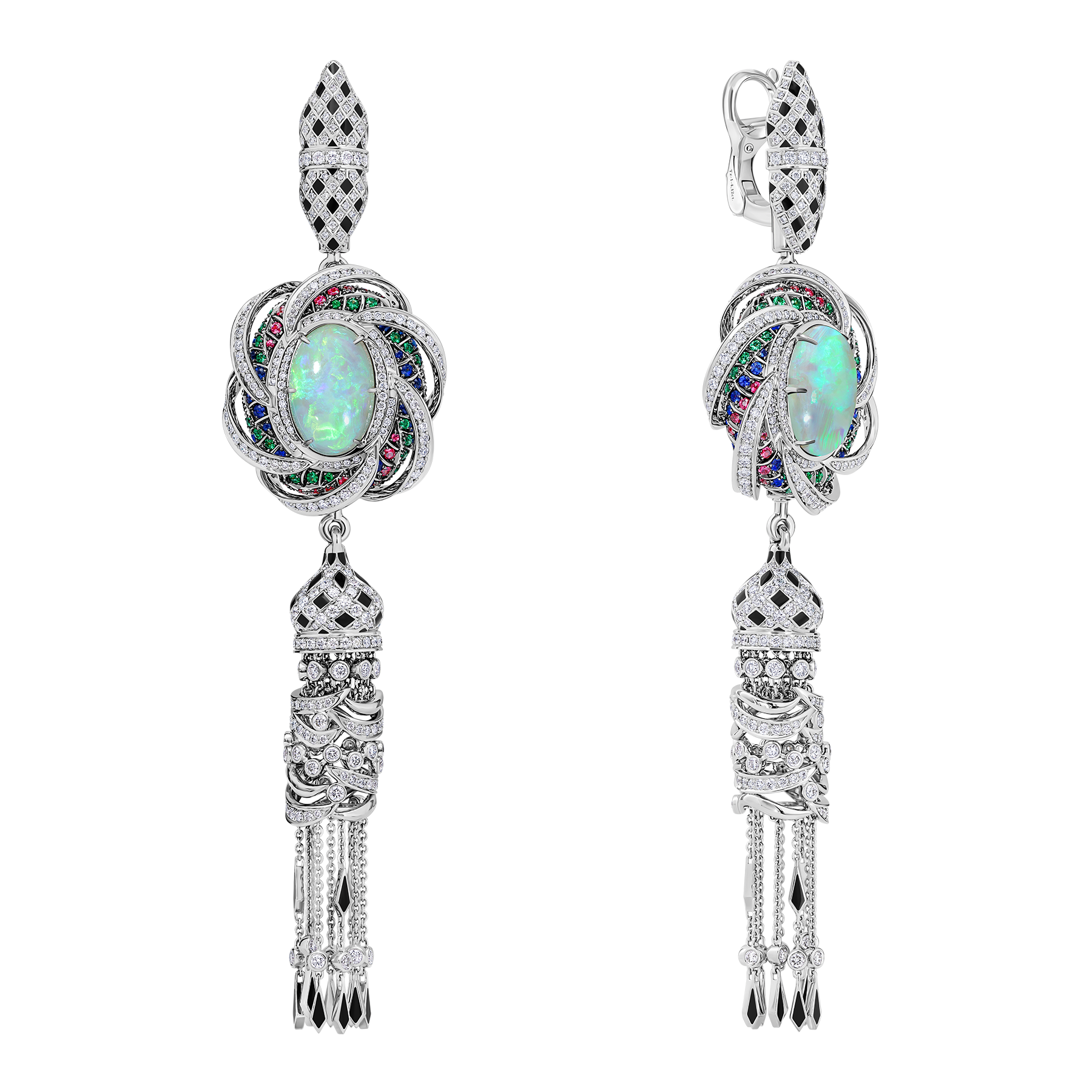 Earrings with opals, emeralds, rubies, sapphires, and diamonds, in white gold.