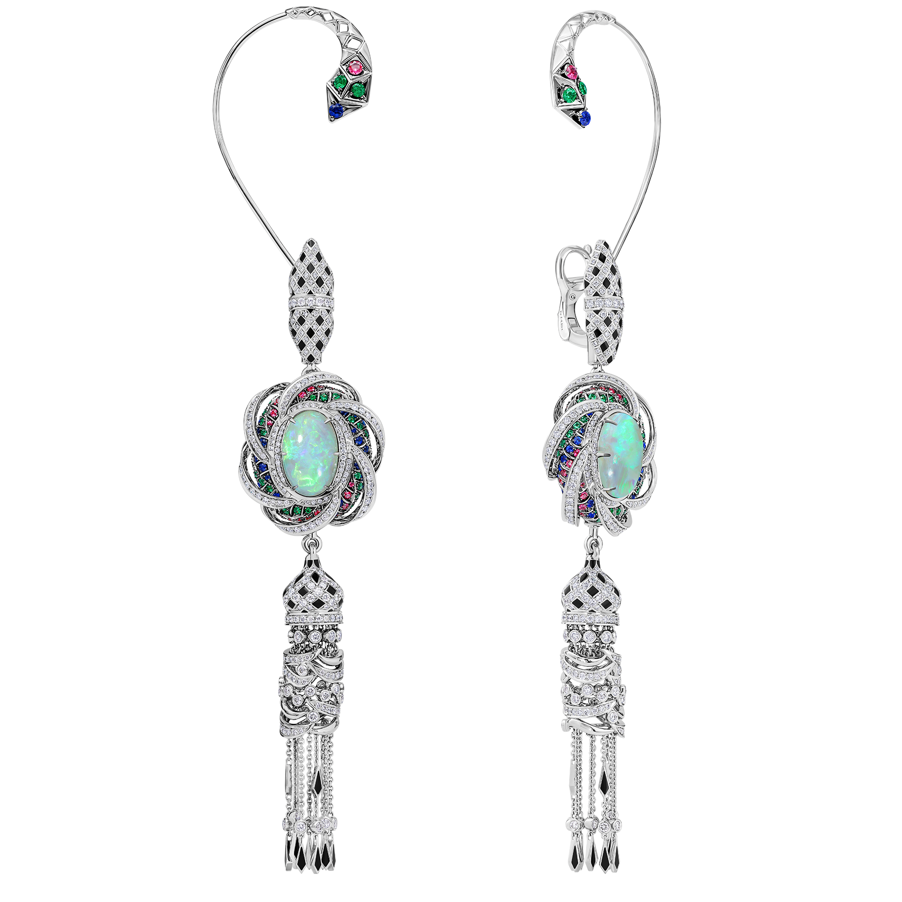 Earrings with opals, emeralds, rubies, sapphires, and diamonds, in white gold.