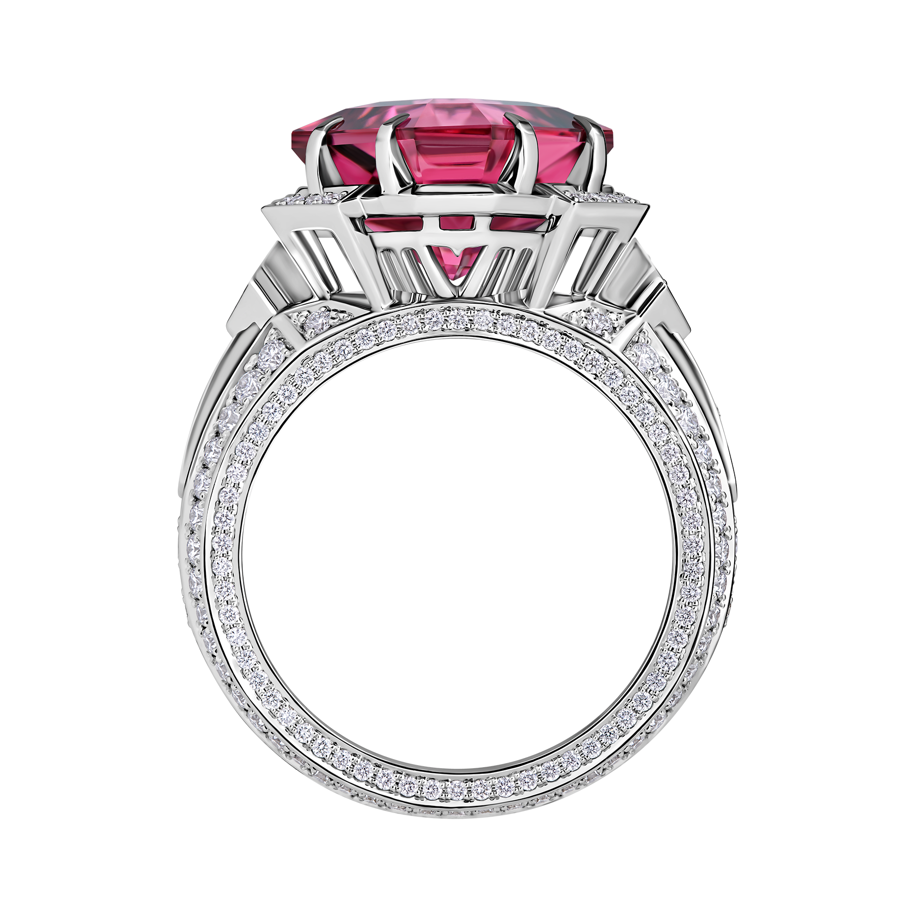 Кольцо с турмалином рубеллитом, рубинами и бриллиантами, белое золото