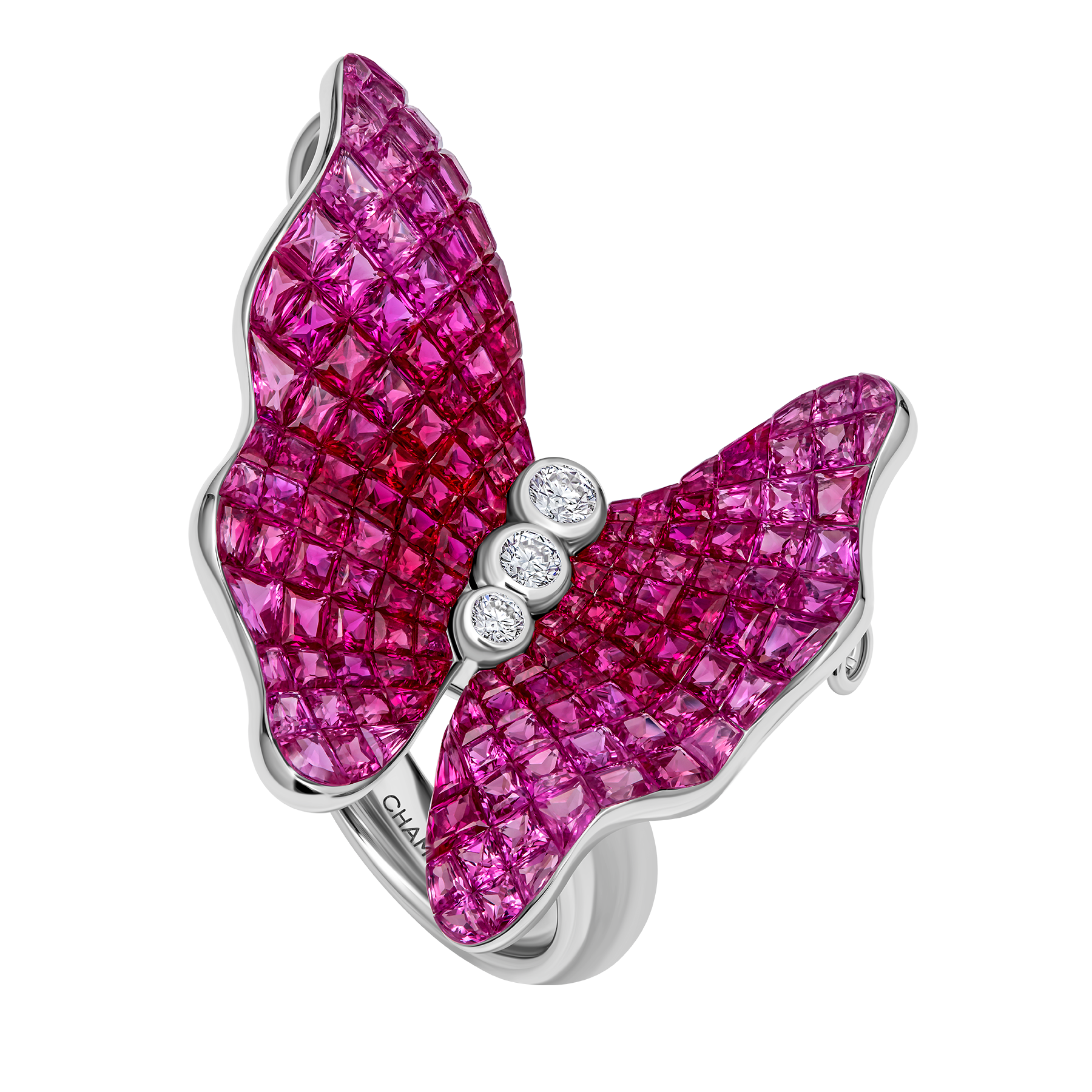 Кольцо с рубинами, розовыми сапфирами и бриллиантами, белое золото