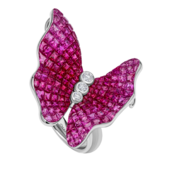 Кольцо с рубинами, розовыми сапфирами и бриллиантами, белое золото