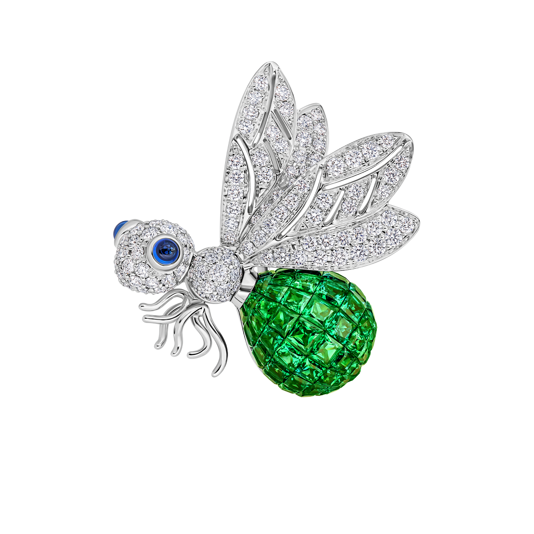 Брошь с тсаворитами и бриллиантами, белое золото