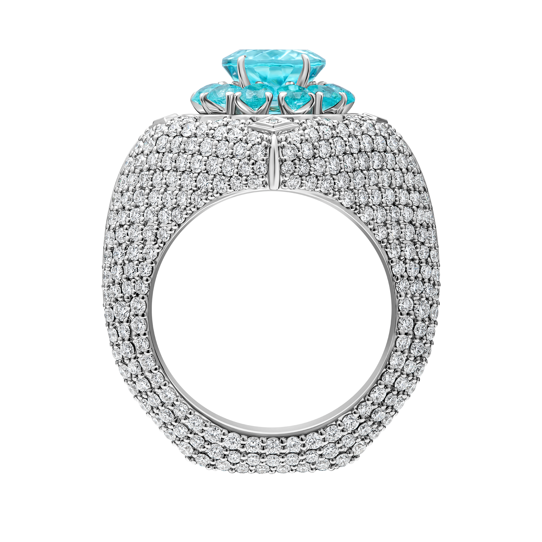 Кольцо с турмалином параибой и бриллиантами, белое золото