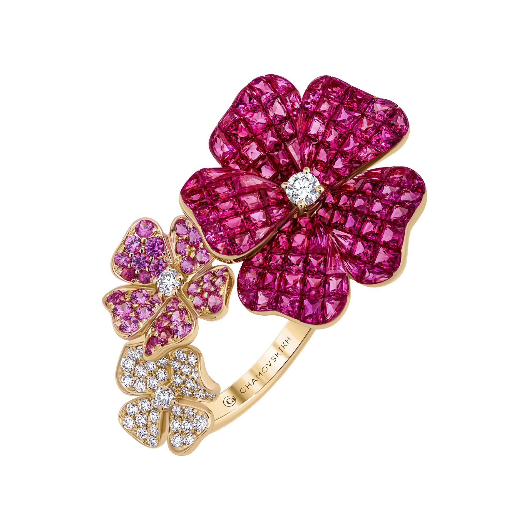 Кольцо с рубинами, розовыми сапфирами и бриллиантами, розовое золото