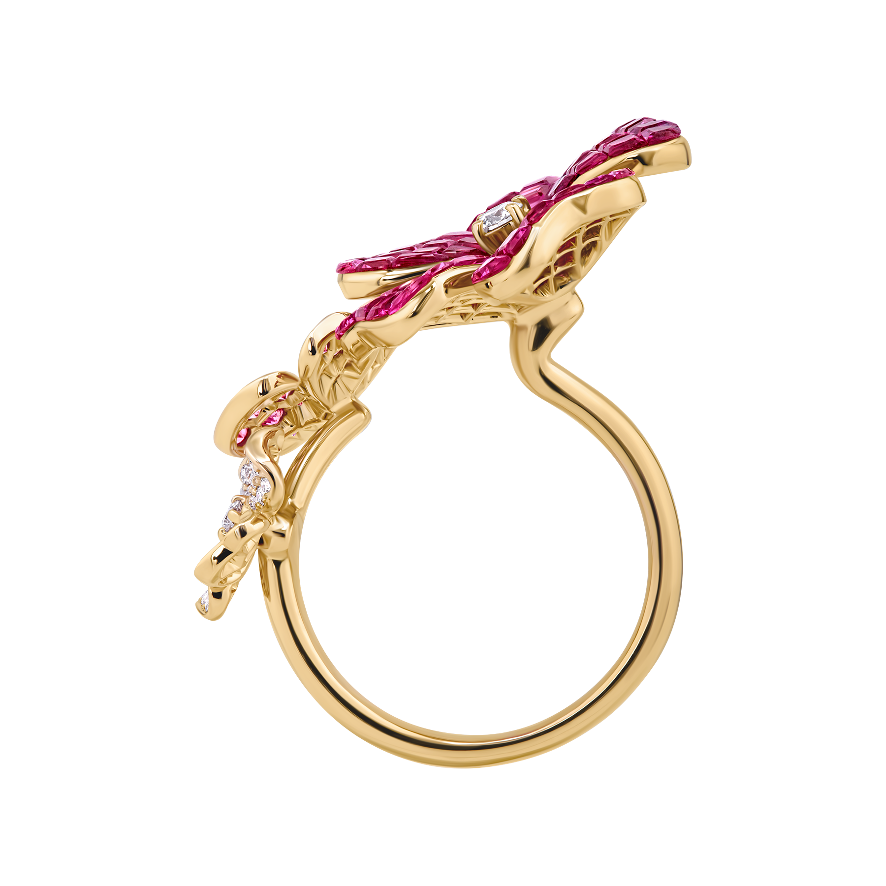 Кольцо с рубинами, розовыми сапфирами и бриллиантами, розовое золото