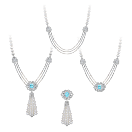 Подвес-брошь с турмалином параиба, бриллиантами и жемчугом, белое золото 3