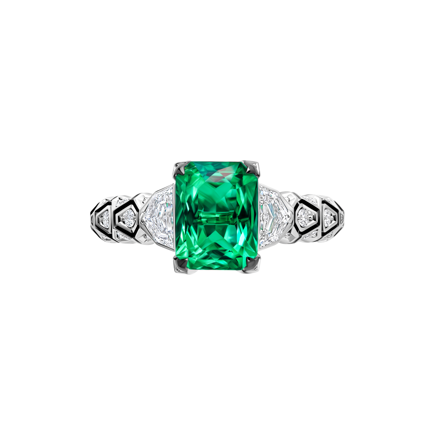 Кольцо с изумрудом и бриллиантами, белое золото, н.керамика