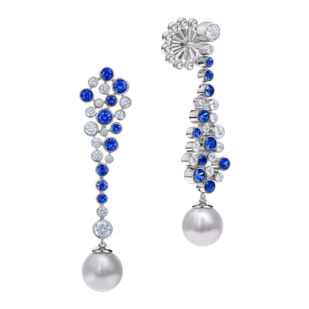 Пусеты с жемчугом, бриллиантами и сапфирами, белое золото 2