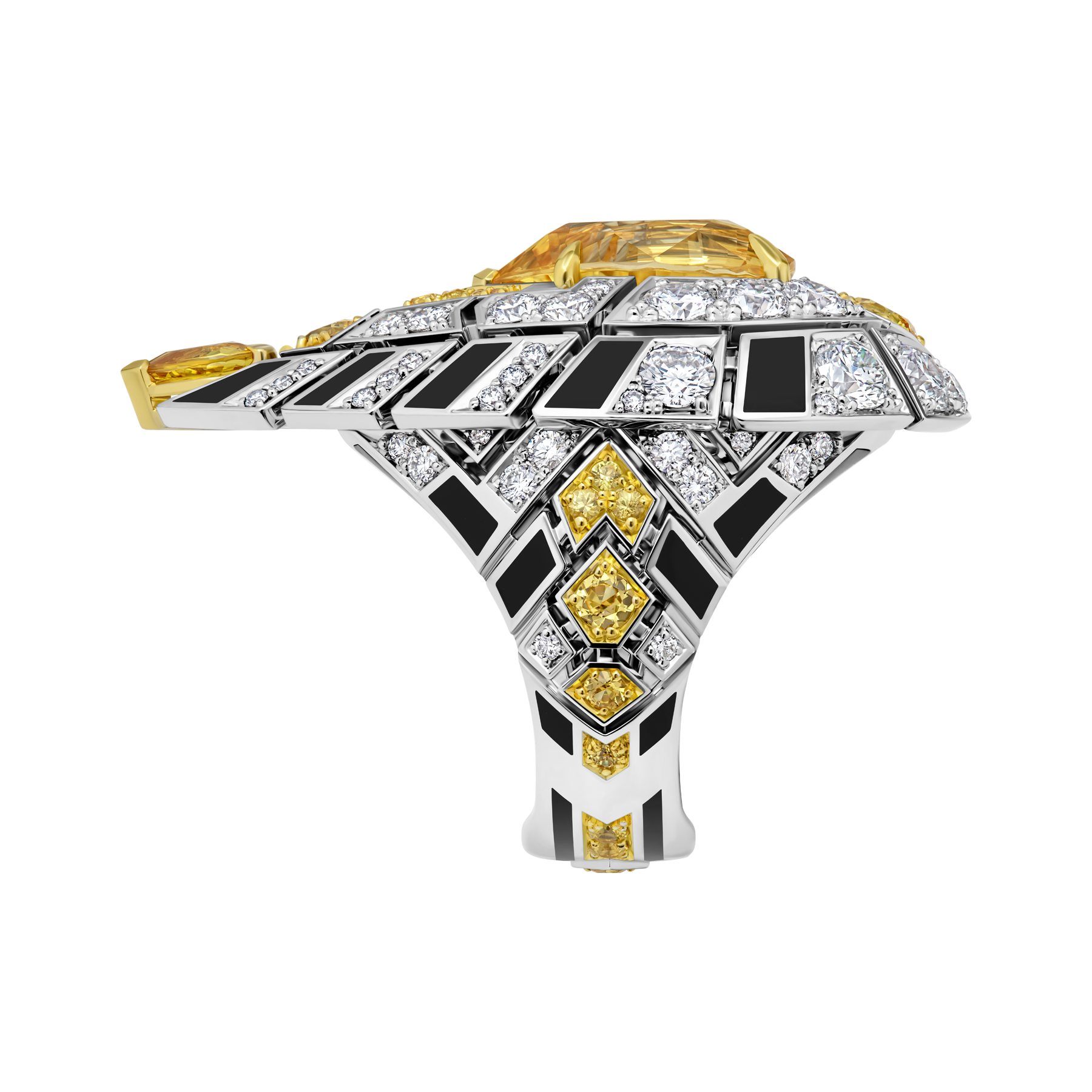 Кольцо с желтыми сапфирами и бриллиантами, белое золото