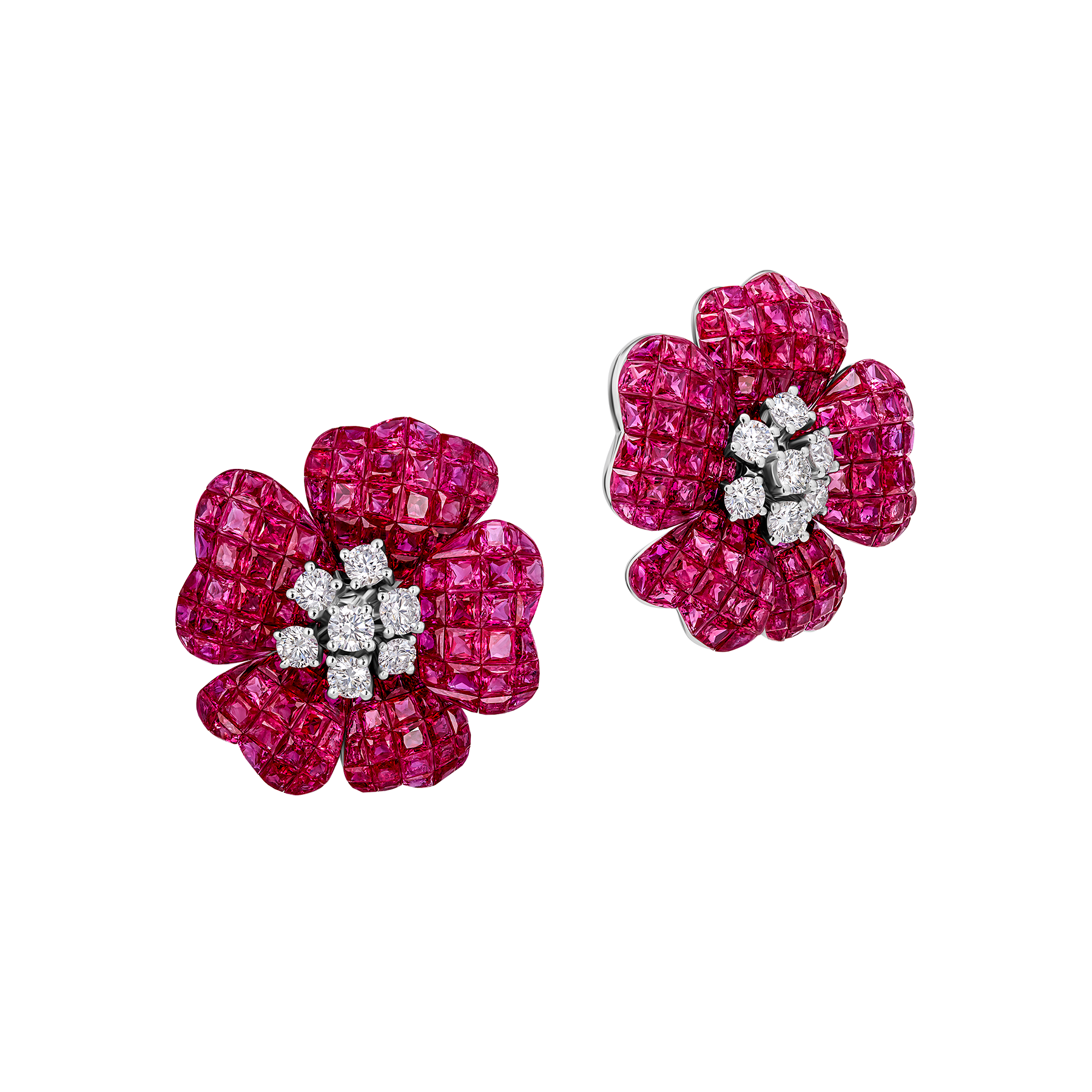 Earrings with rubies and diamonds, white gold.