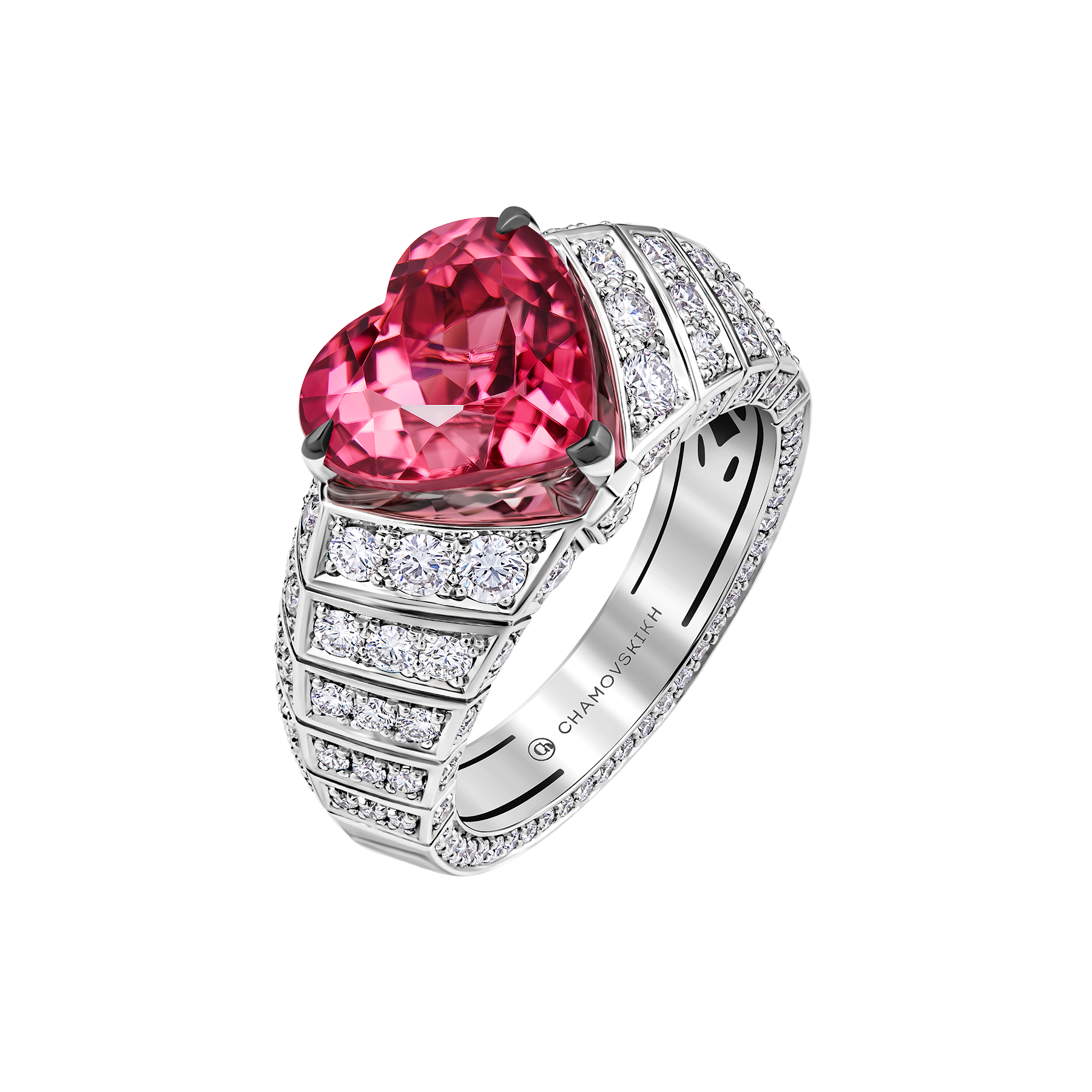 Кольцо с турмалином рубеллитом и бриллиантами, белое золото