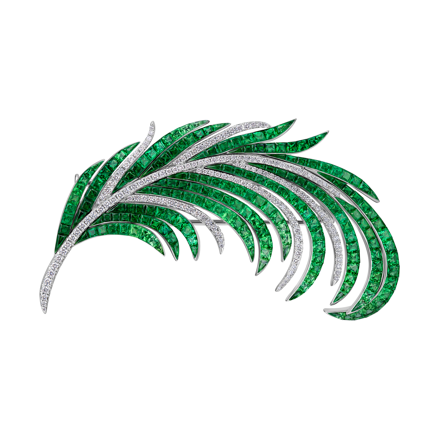 Брошь с тцаворитами и бриллиантами, белое золото