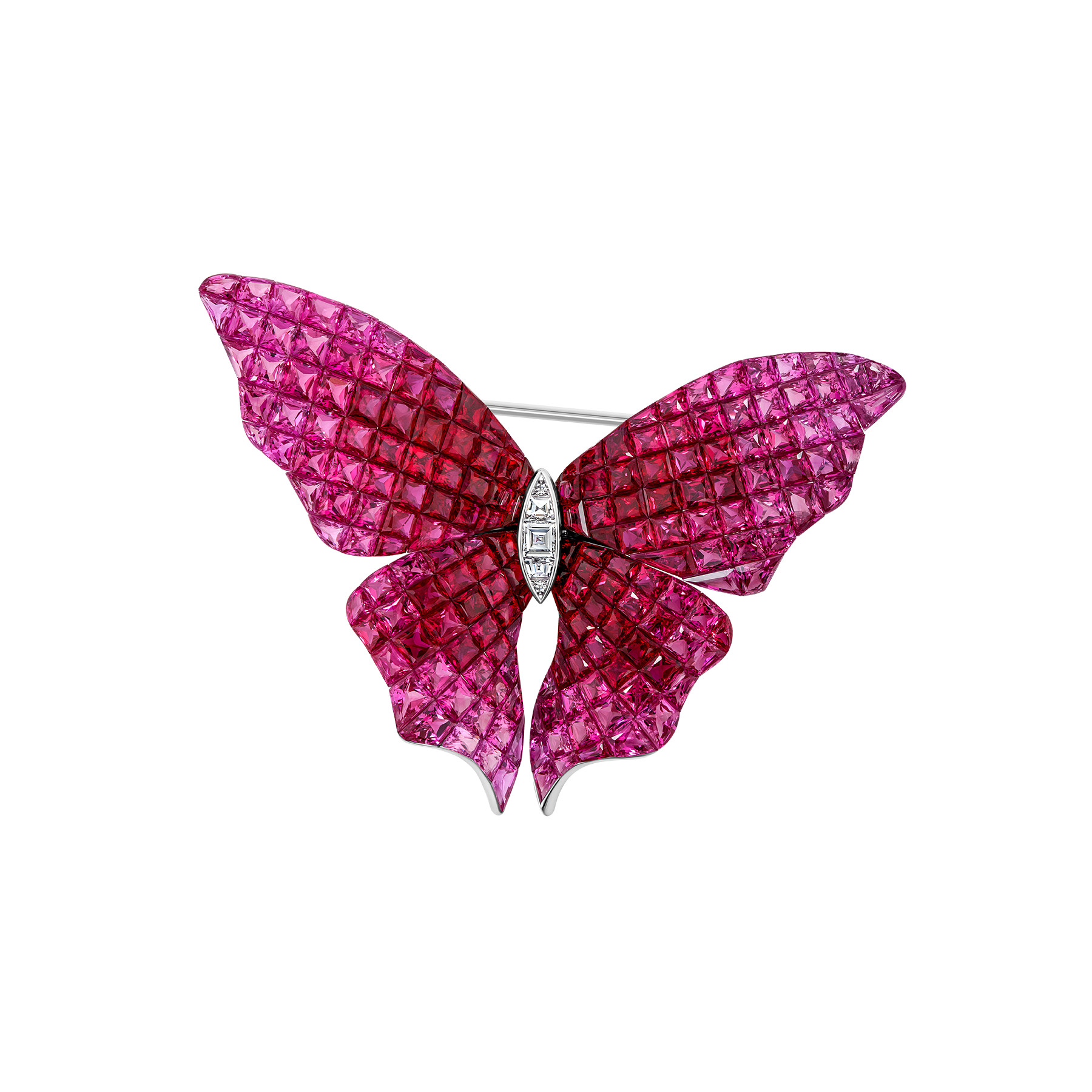 Брошь с рубинами, розовыми сапфирами и бриллиантами, белое золото