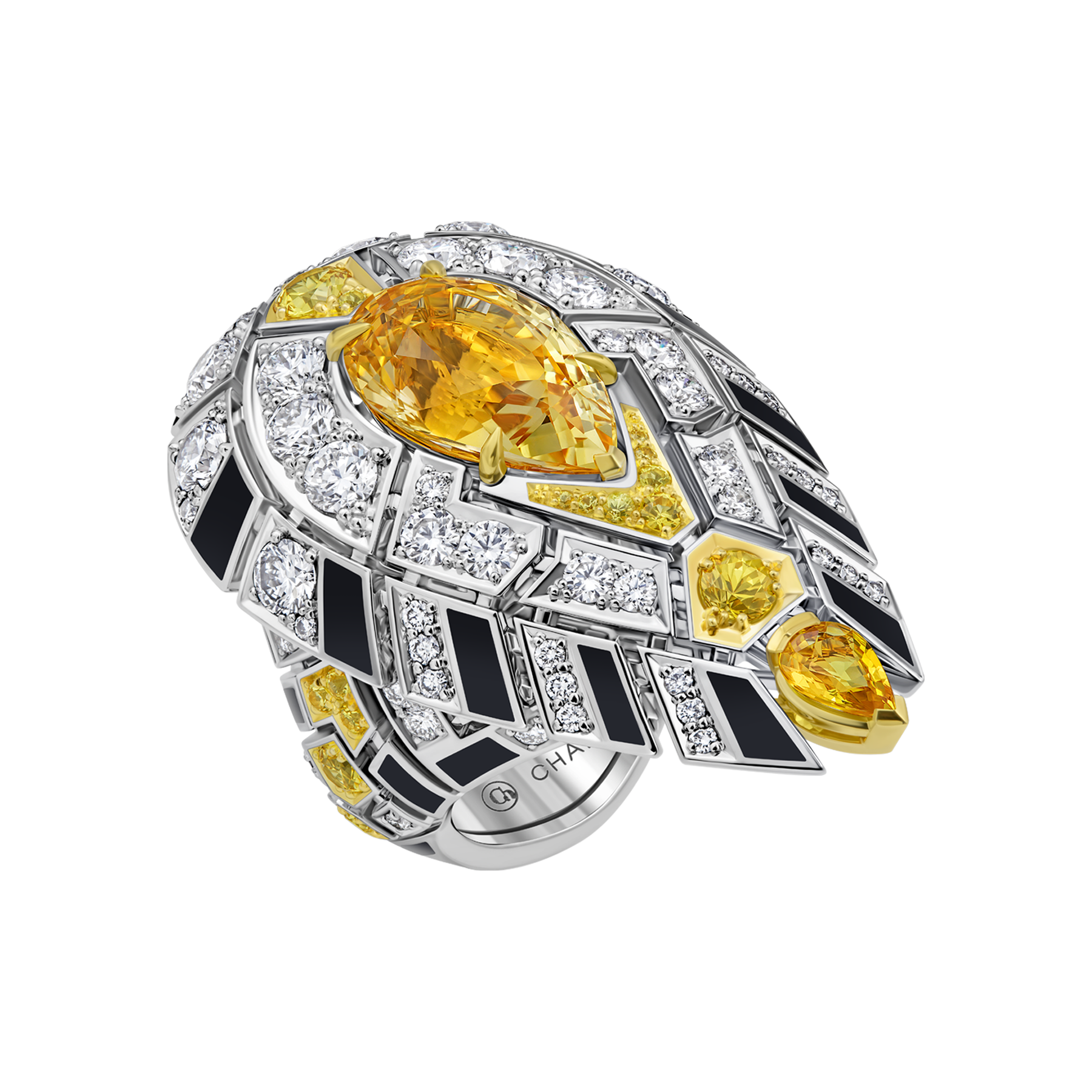 Кольцо с желтыми сапфирами и бриллиантами, белое золото