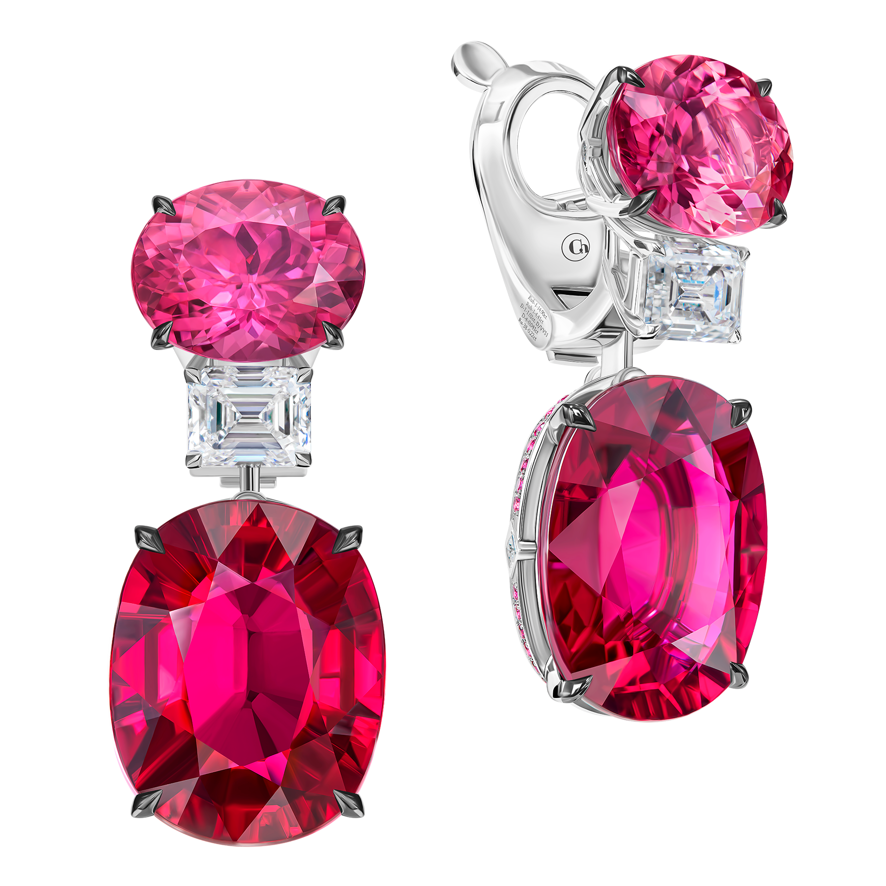 Серьги с рубеллитами, бриллиантами и рубинами, белое золото