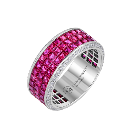 Обручальное кольцо с рубинами и бриллиантами, белое золото 1