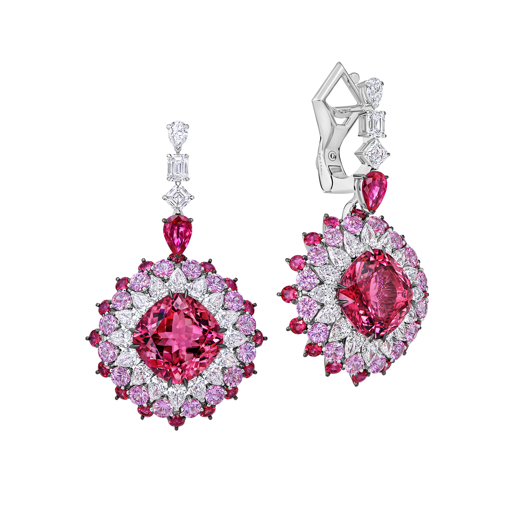 Серьги с турмалинами рубеллитами, рубинами, розовыми сапфирами и бриллиантами, белое золото