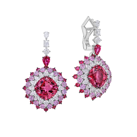 Серьги с турмалинами рубеллитами, рубинами, розовыми сапфирами и бриллиантами, белое золото 1