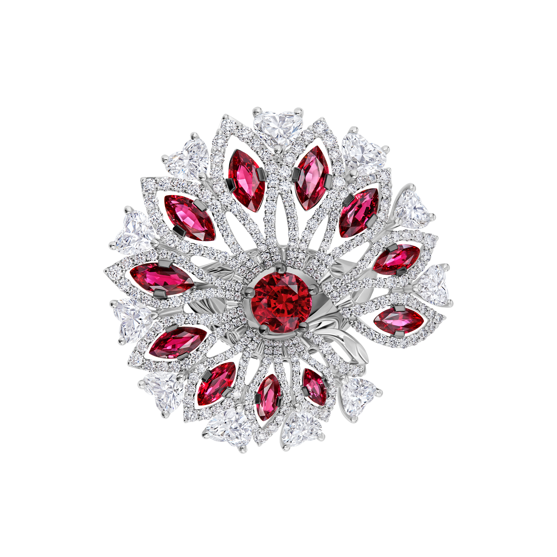 Кольцо с рубинами и бриллиантами, белое золото