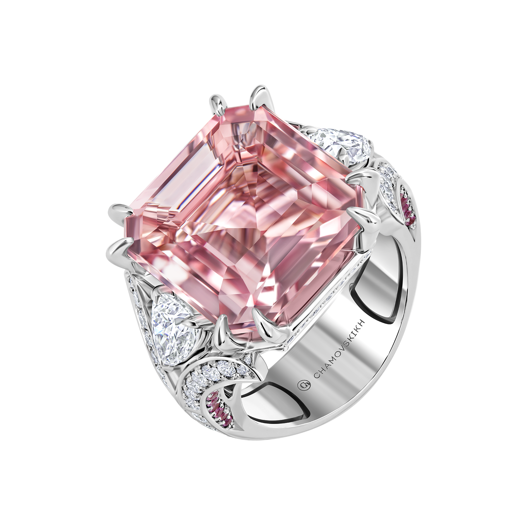 Кольцо с морганитом, розовыми сапфирами и бриллиантами, белое золото